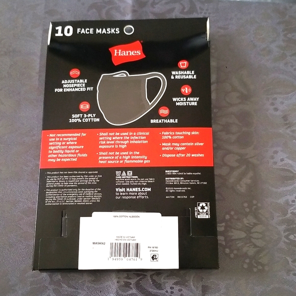 Hanes Face Masks 10 Pack 100% Cotton  Adjustable, Breathable and Washable - Picture 2 of 2
